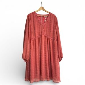 Dark pink long sleeve chiffon textured lace detail midi dress flirty Valentine